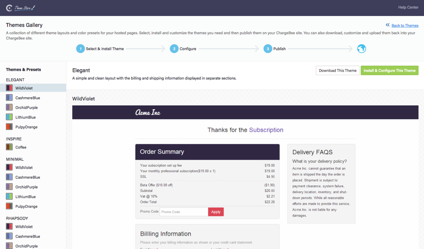 Webpage screenshot example of Chargebee account dashboard theme picker sample custom windows